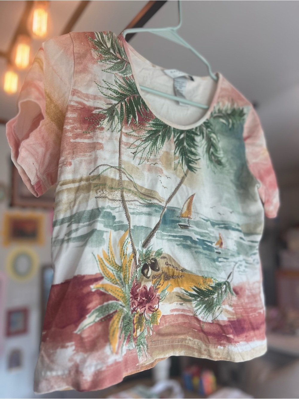 Women's Peach Multi Tropical Palm Graphic Tee